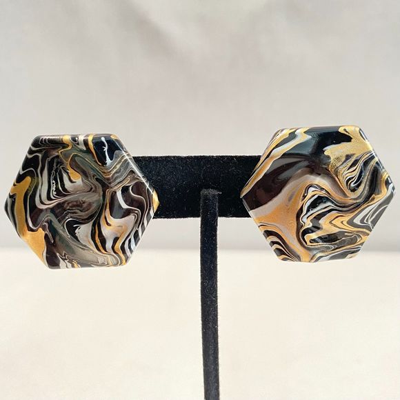 Pentagon Button Earrings Celluloid Acetate 3D Gold Black White Swirl Studs - Picture 2 of 7